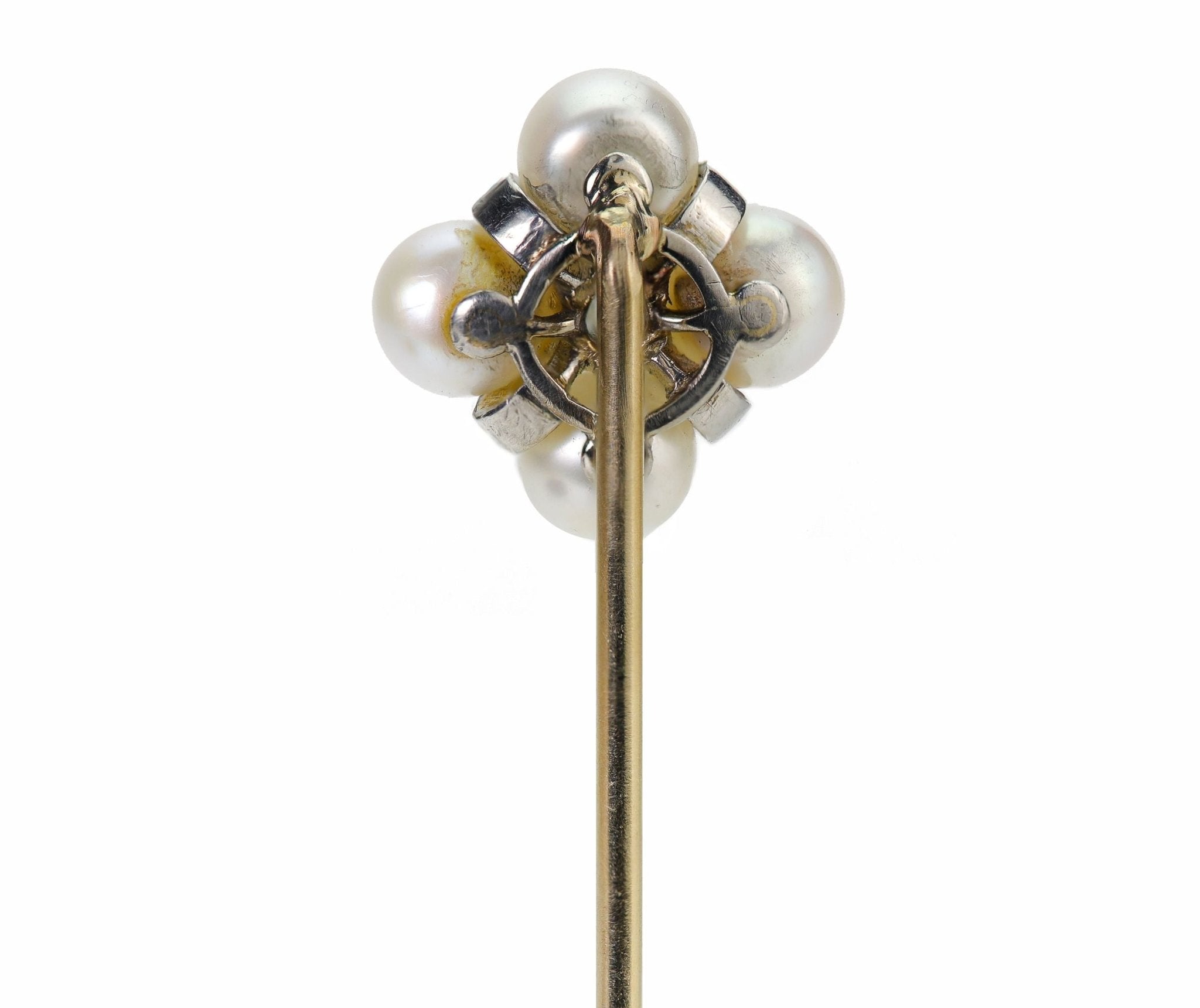 Antique Gold Natural Pearl Diamond Emerald Stick Pin - DSF Antique Jewelry