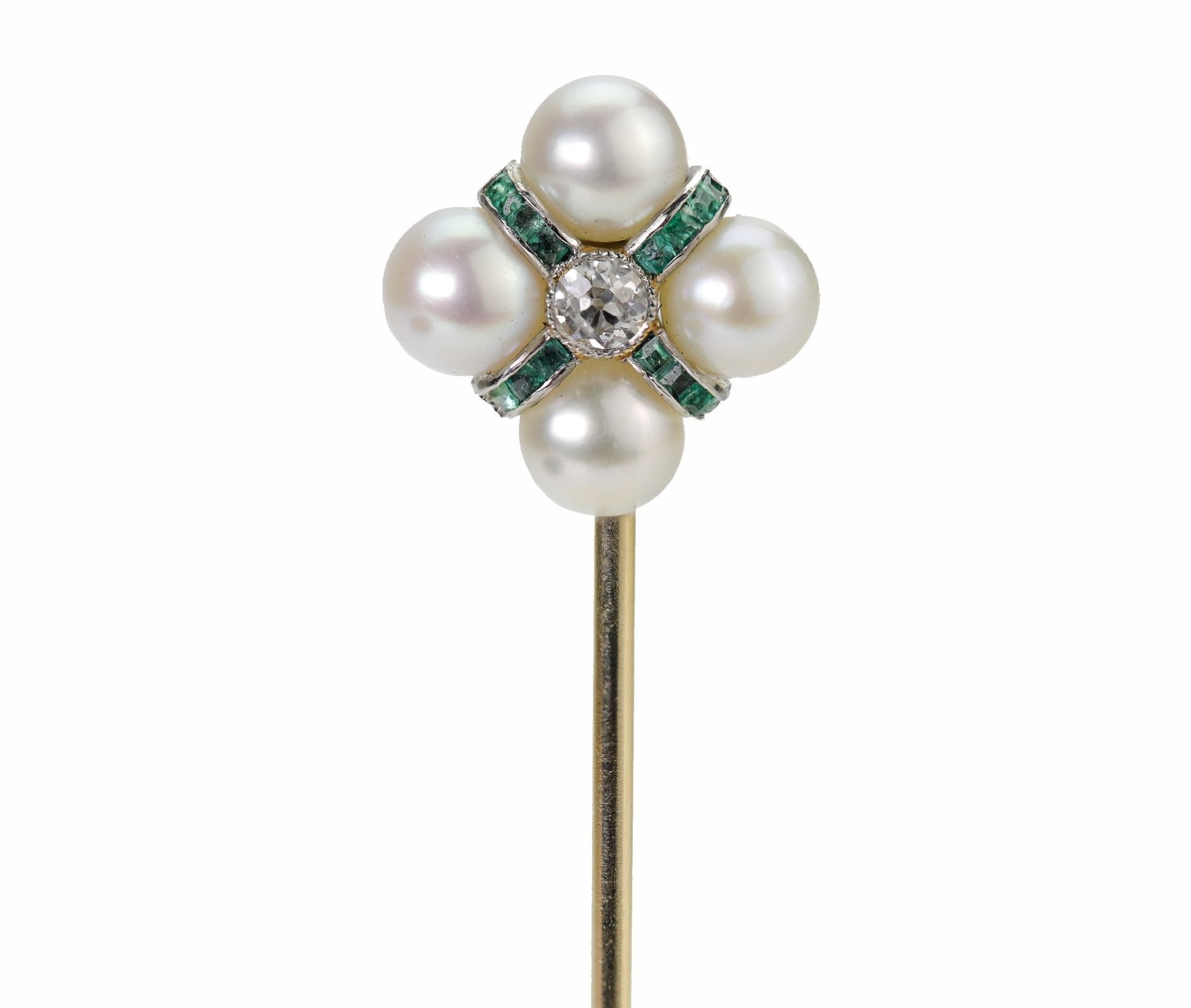 Antique Gold Natural Pearl Diamond Emerald Stick Pin - DSF Antique Jewelry