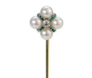 Antique Gold Natural Pearl Diamond  Emerald Stick Pin