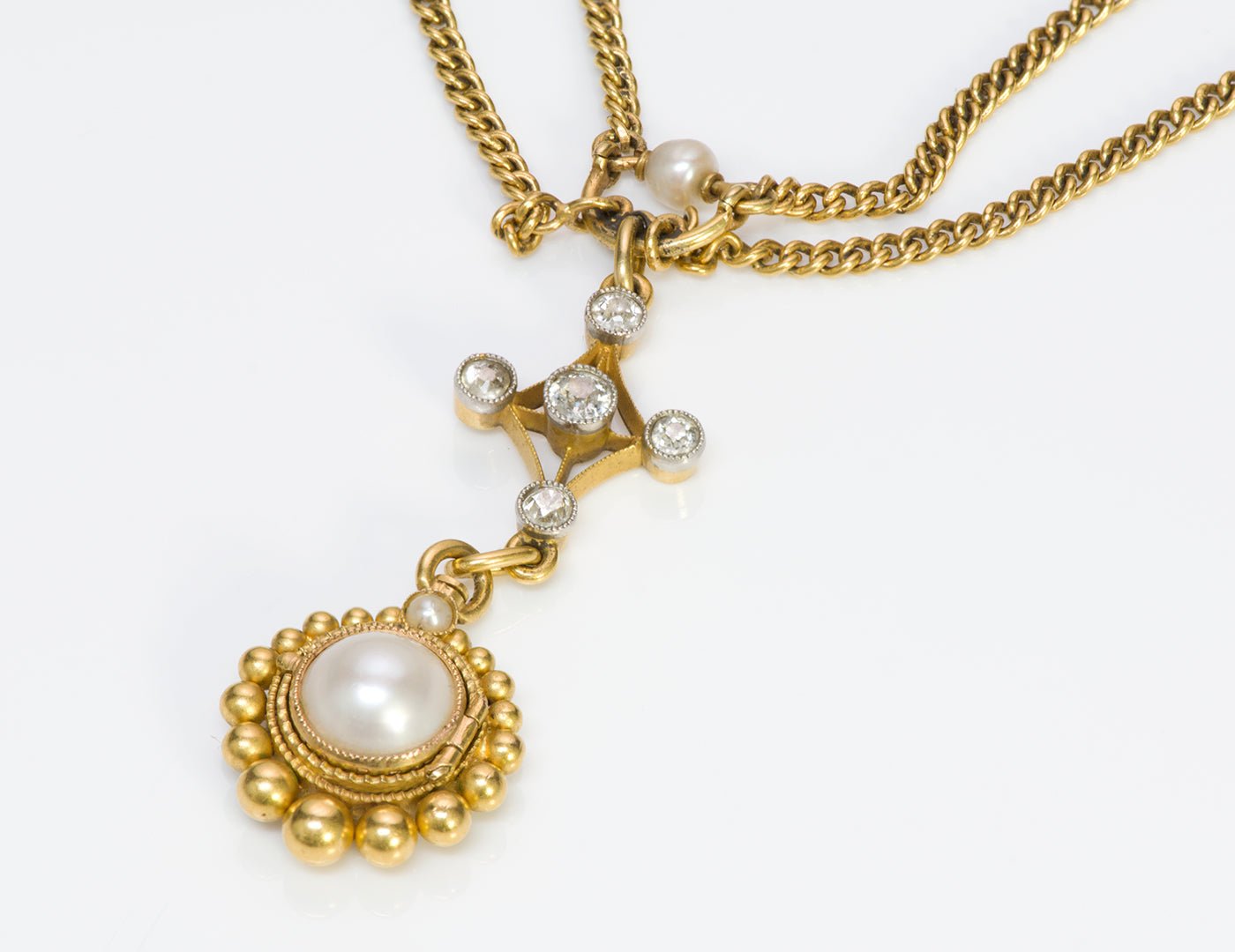 Antique Gold Natural Pearl Garnet Diamond Necklace Locket