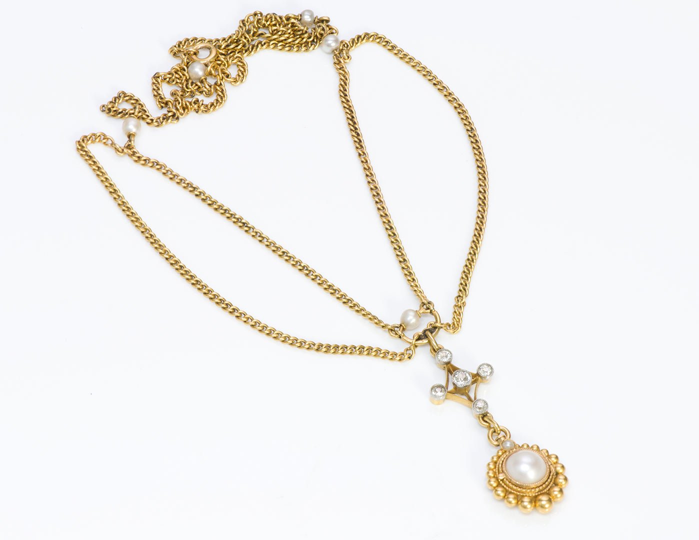 Antique Gold Natural Pearl Garnet Diamond Necklace Locket