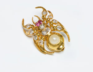 Antique Gold Natural Pearl Ruby Diamond Spider Brooch