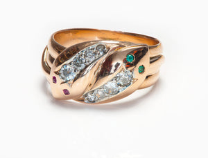 Antique Gold Diamond Ruby Double Head Snake Ring