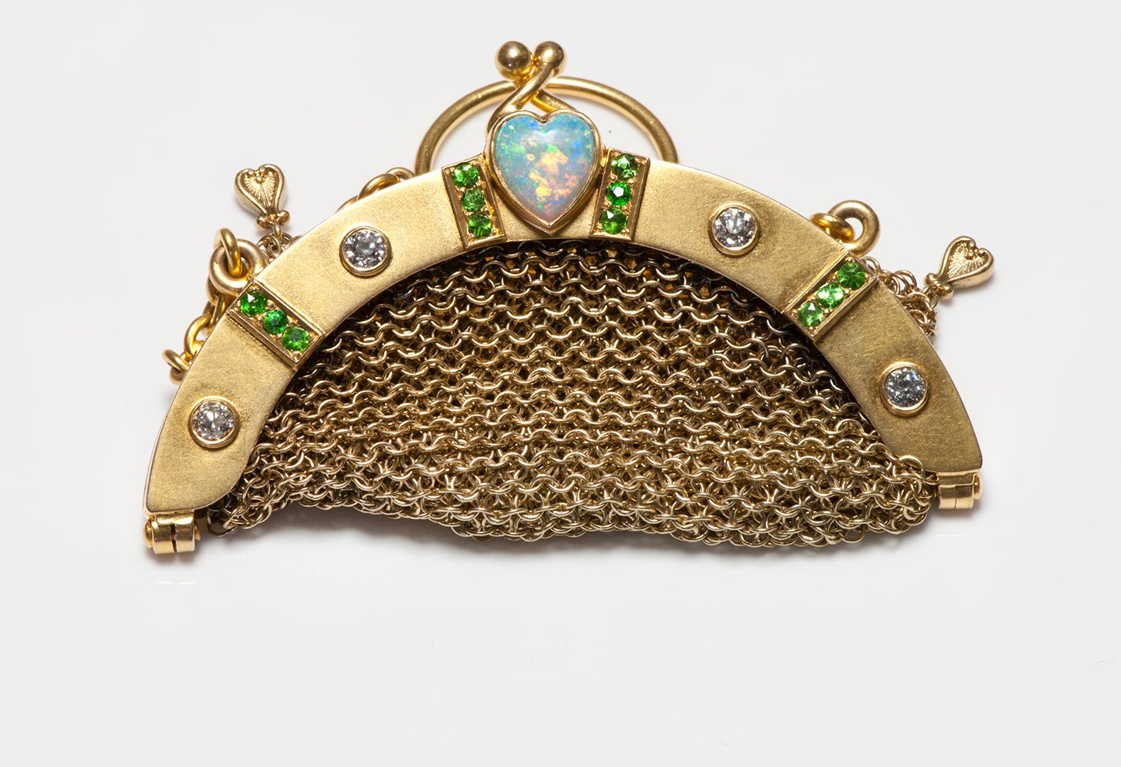 Antique Gold Opal Diamond & Demantoid Miniature Mesh Purse & Chain