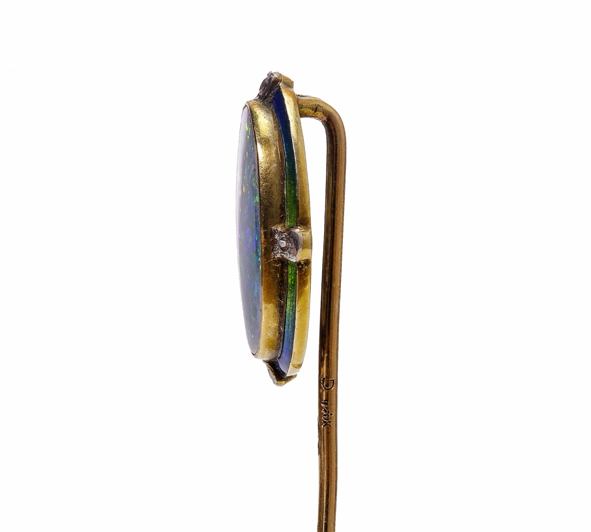 Antique Gold Opal Diamond Enamel Stick Pin