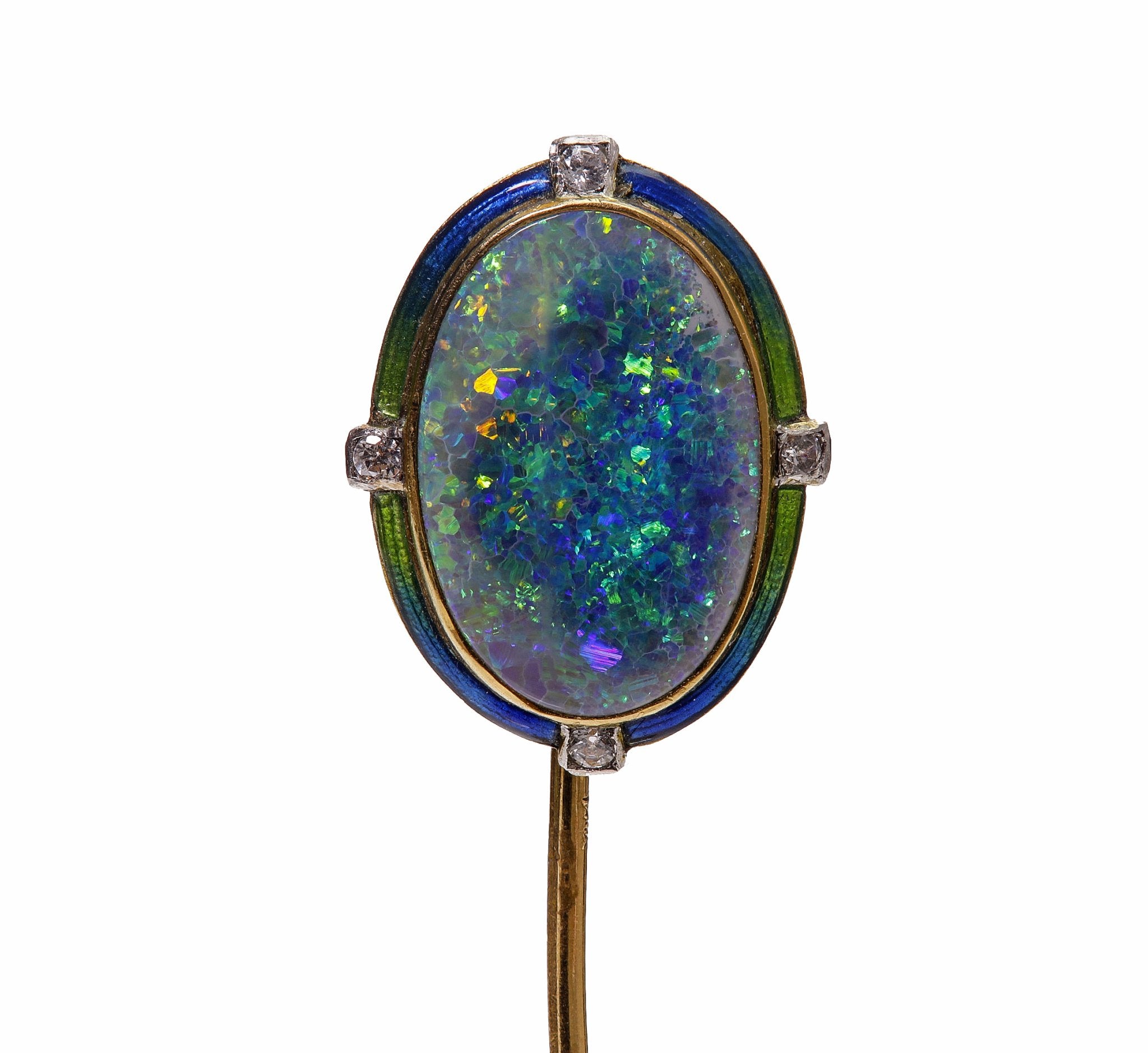 Antique Gold Opal Diamond Enamel Stick Pin