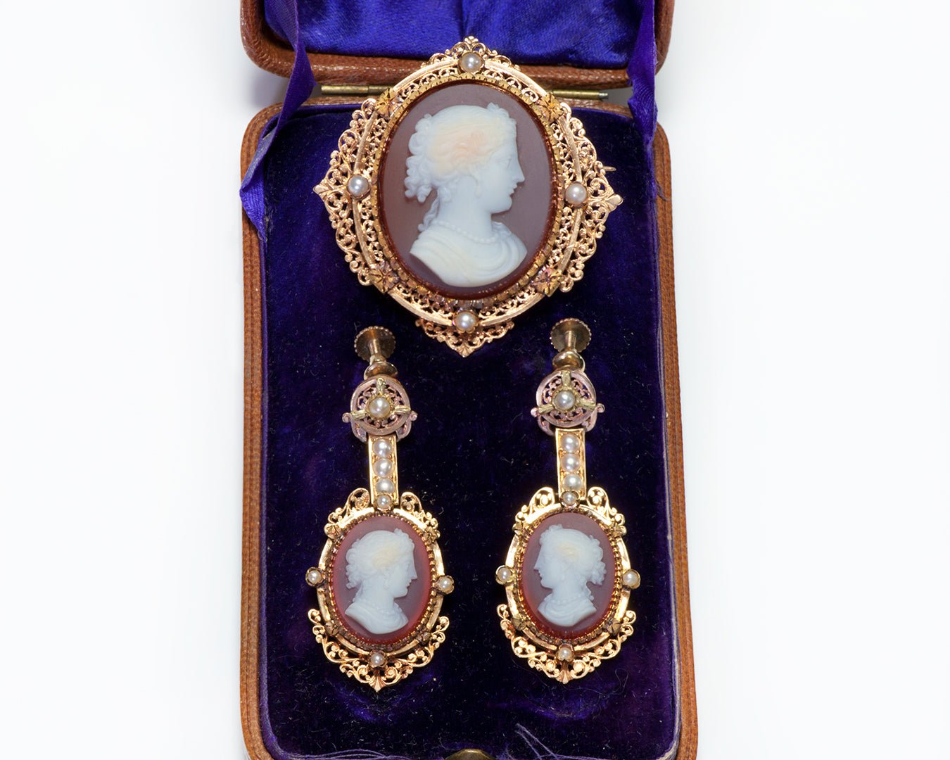 Antique Gold Pearl Cameo Earrings & Brooch - DSF Antique Jewelry