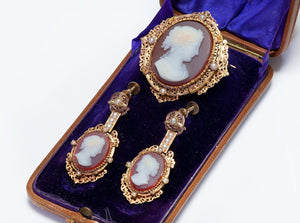 Antique Gold Pearl Cameo Earrings & Brooch