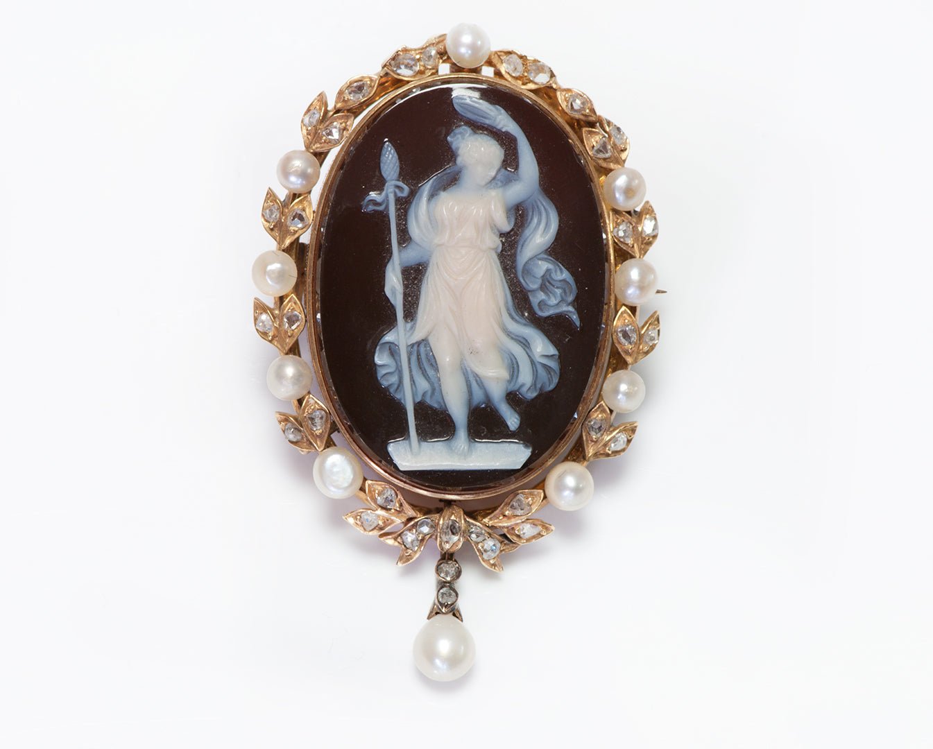 Antique Gold Pearl & Diamond Cameo Brooch - DSF Antique Jewelry