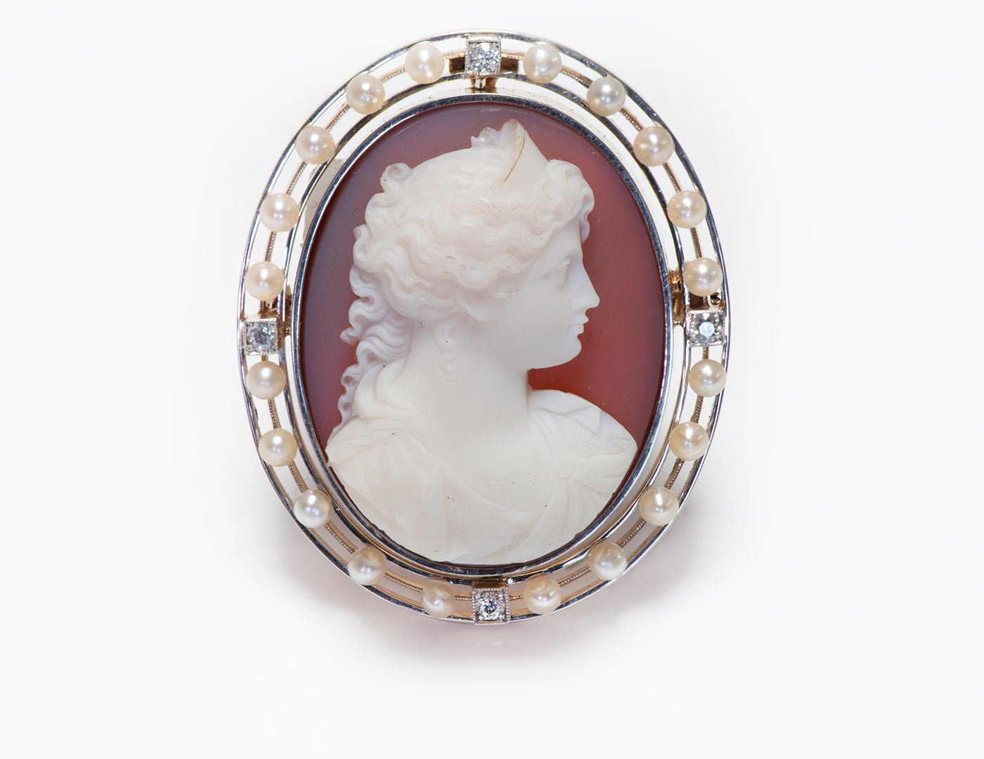 Antique Gold Pearl & Diamond Cameo Pendant Brooch - DSF Antique Jewelry