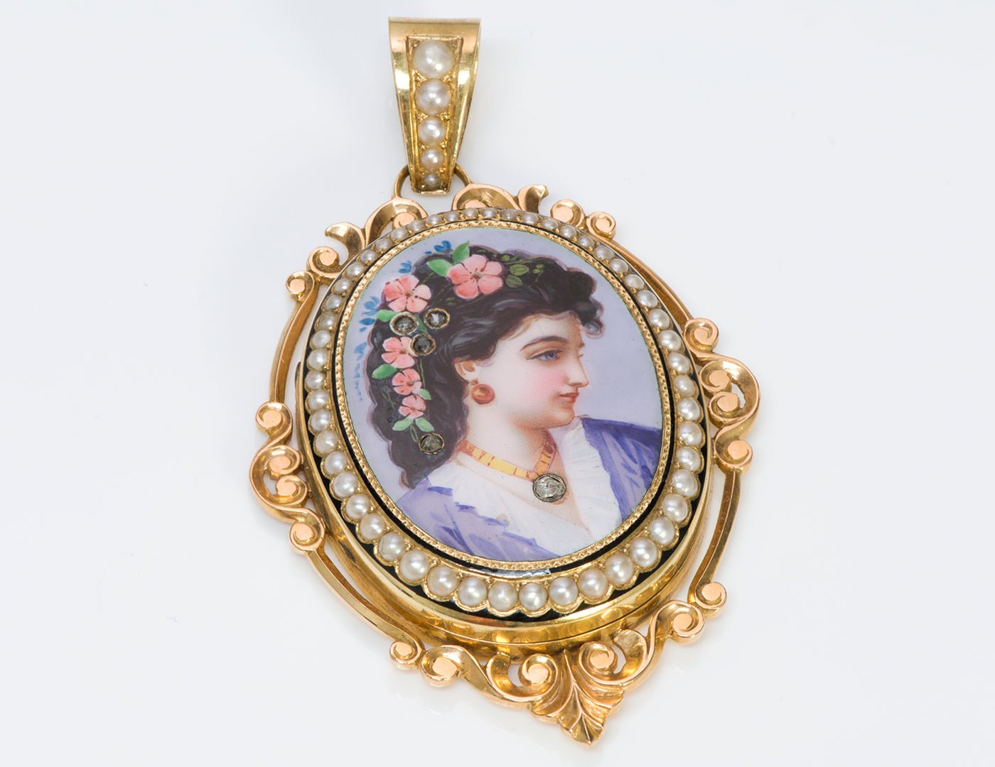 Antique Gold Pearl Enamel Lady Diamond Pendant Locket - DSF Antique Jewelry
