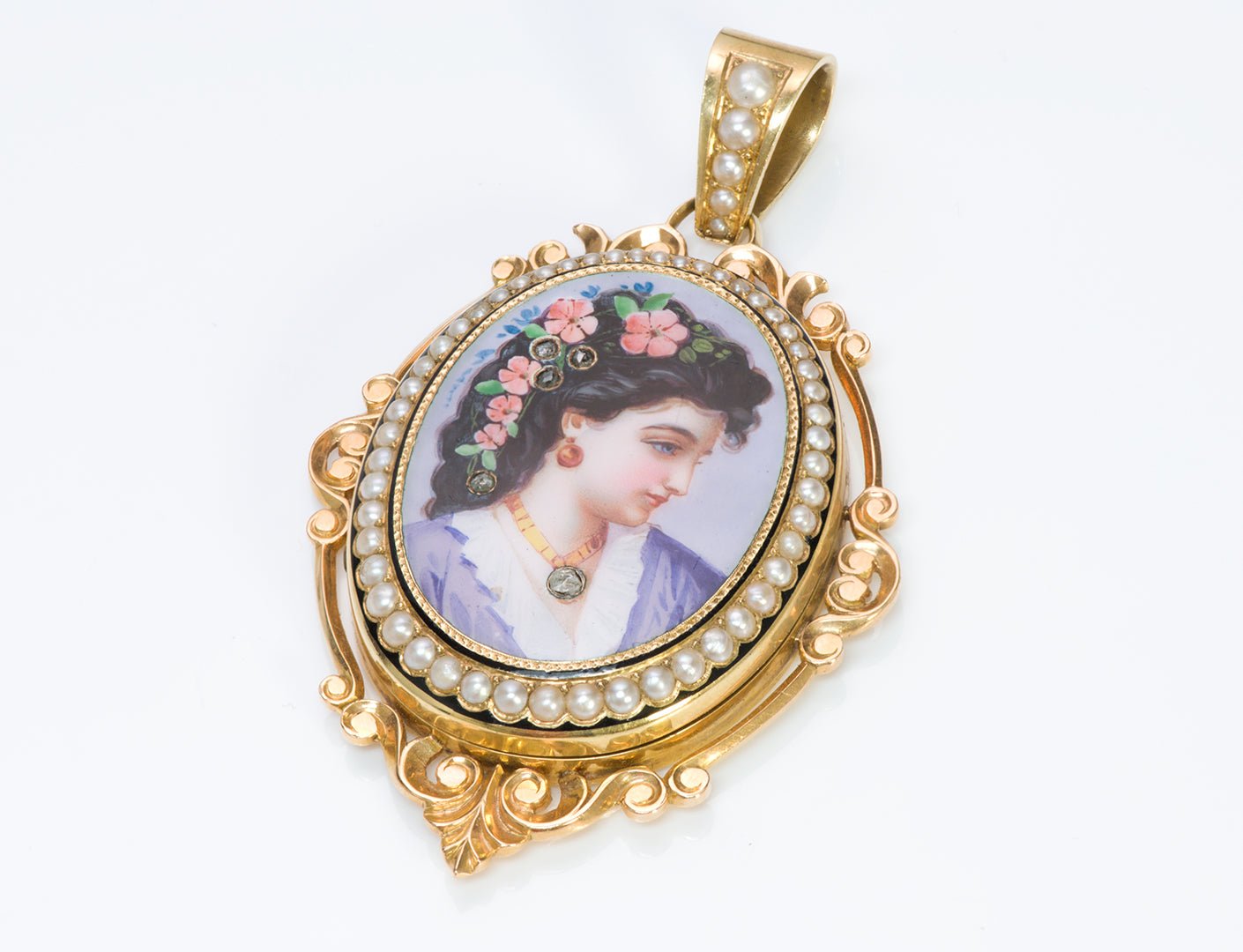 Antique Gold Pearl Enamel Lady Diamond Pendant Locket - DSF Antique Jewelry