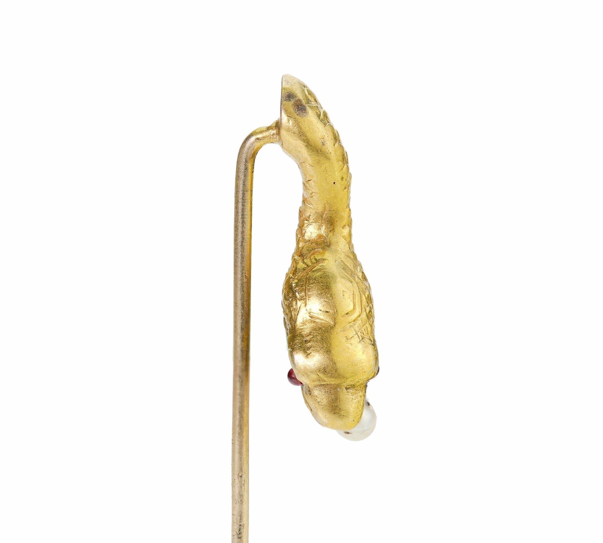 Antique Gold Pearl Ruby Snake Stick Pin