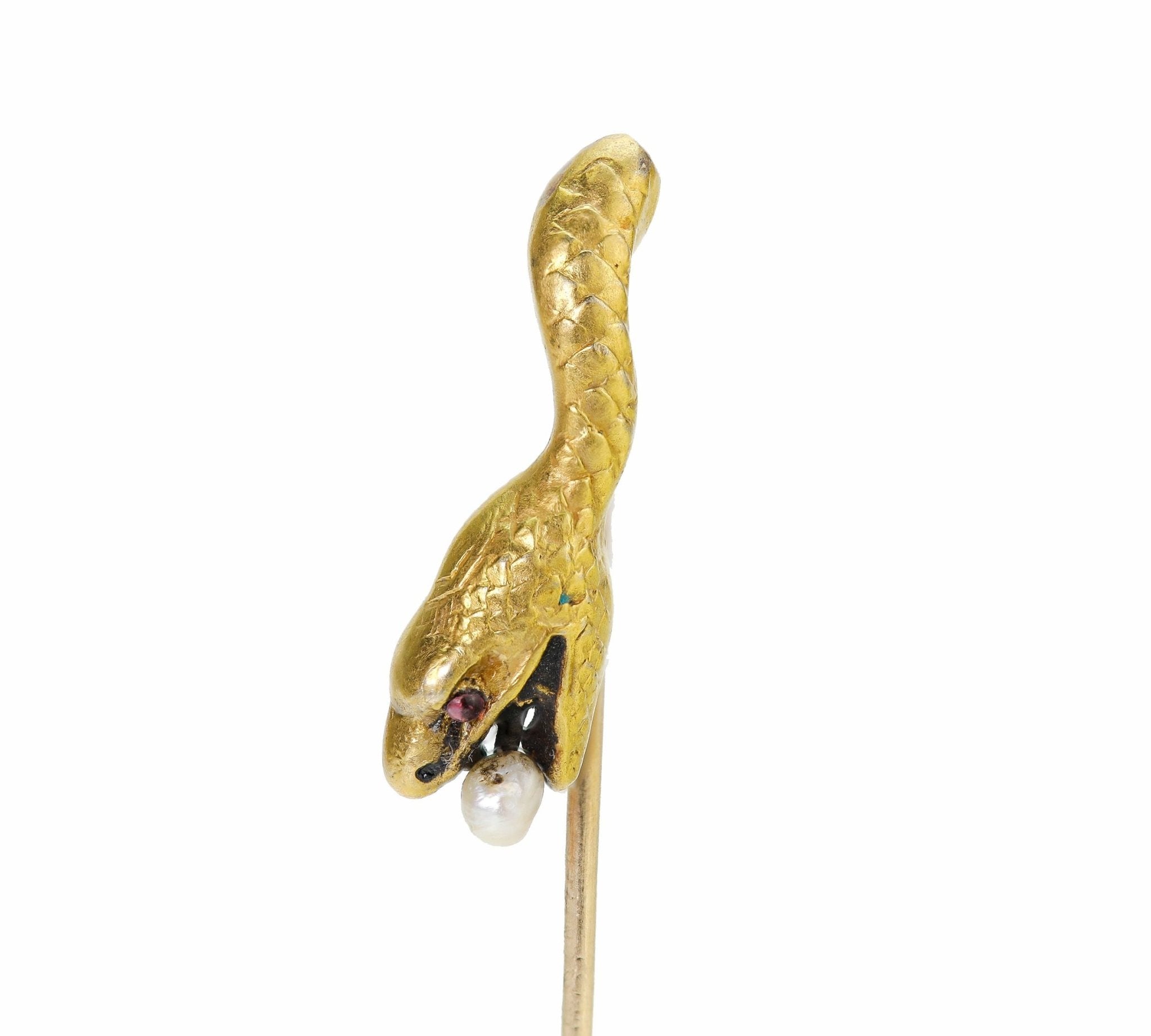 Antique Gold Pearl Ruby Snake Stick Pin
