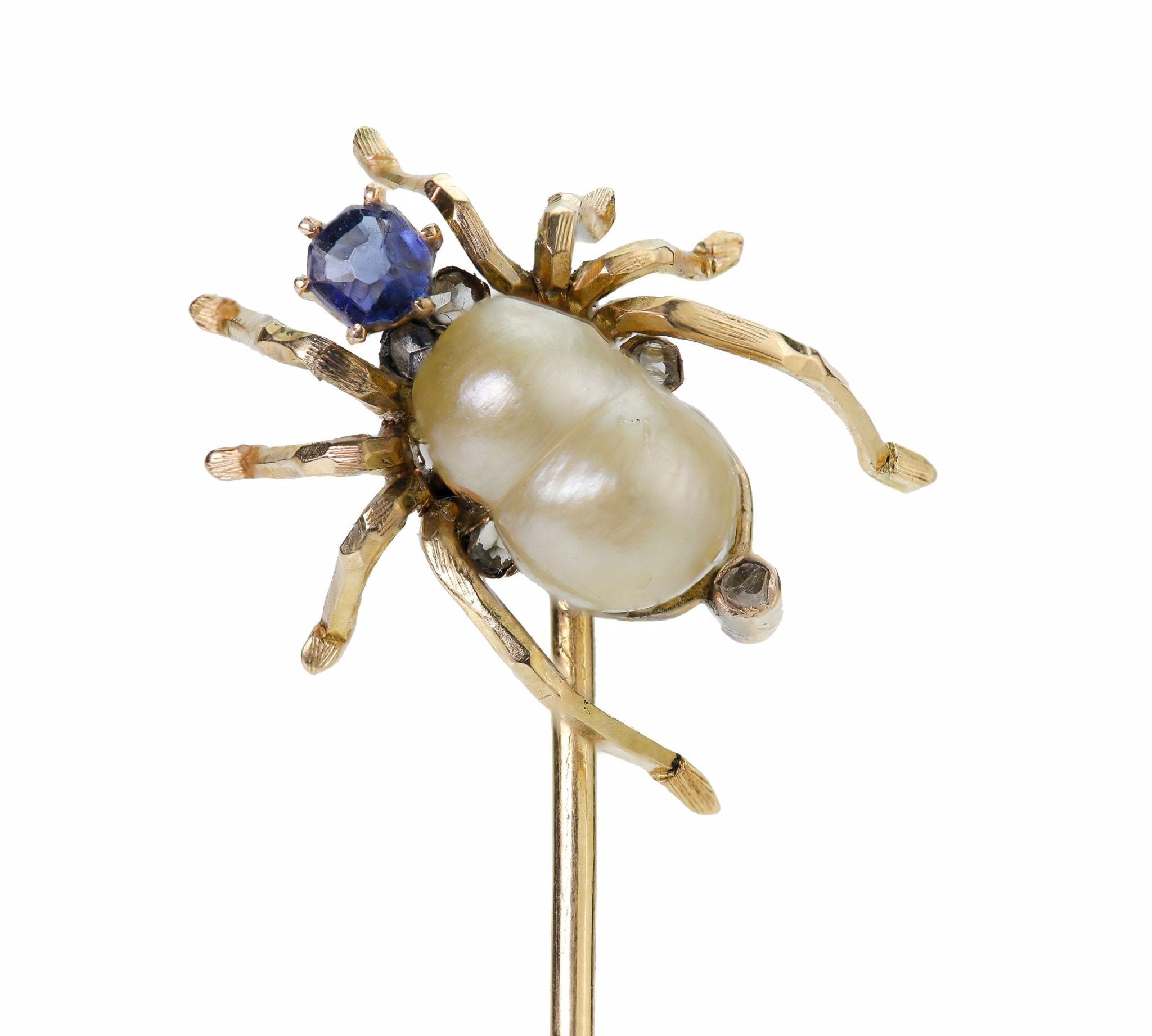 Antique Gold Pearl Sapphire Diamond Spider Stick Pin - DSF Antique Jewelry