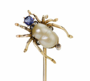Antique Gold Pearl Sapphire Diamond Spider Stick Pin