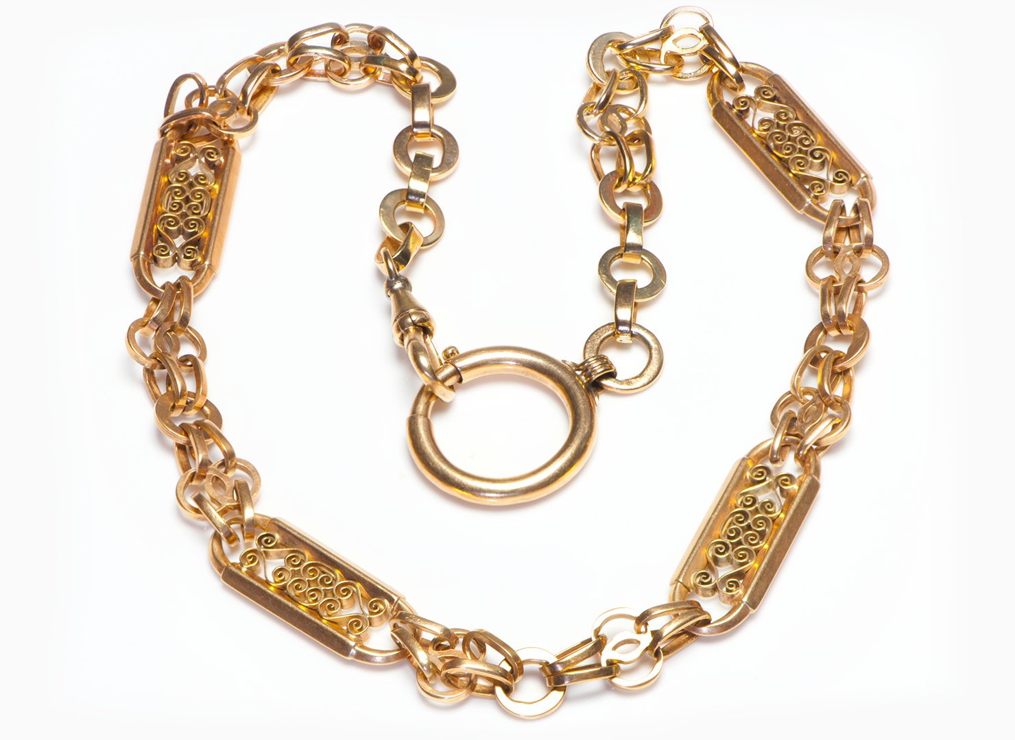 Antique Gold Pierced Panels Watch Chain Necklace