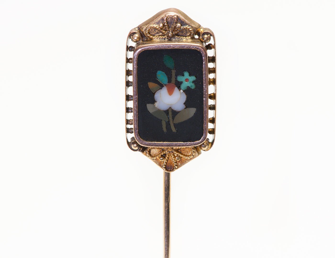 Antique Gold Pietra Dura Stick Pin Floral Mosaic - DSF Antique Jewelry