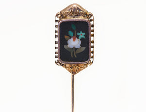 Antique Gold Pietra Dura Stick Pin Floral Mosaic