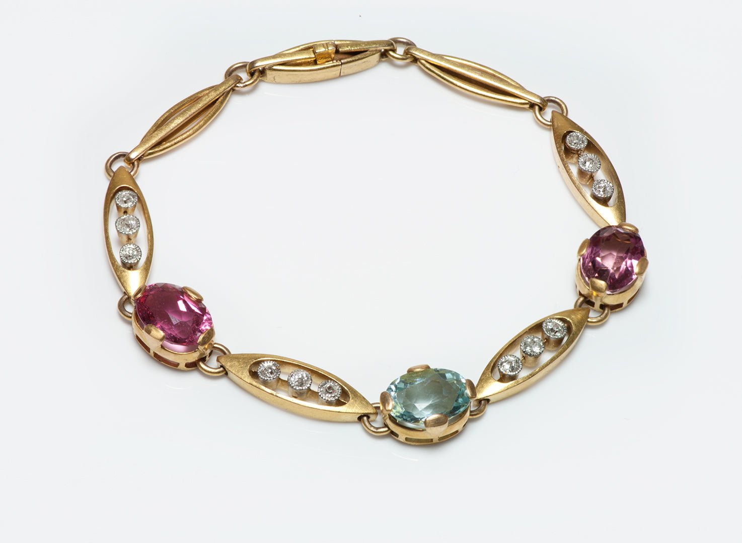 Antique Gold Pink Tourmaline Aquamarine & Diamond Bracelet - DSF Antique Jewelry