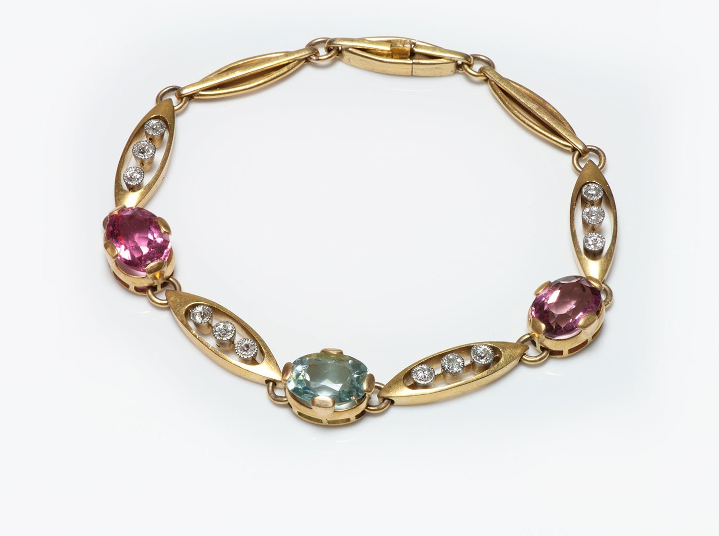 Antique Gold Pink Tourmaline Aquamarine & Diamond Bracelet - DSF Antique Jewelry