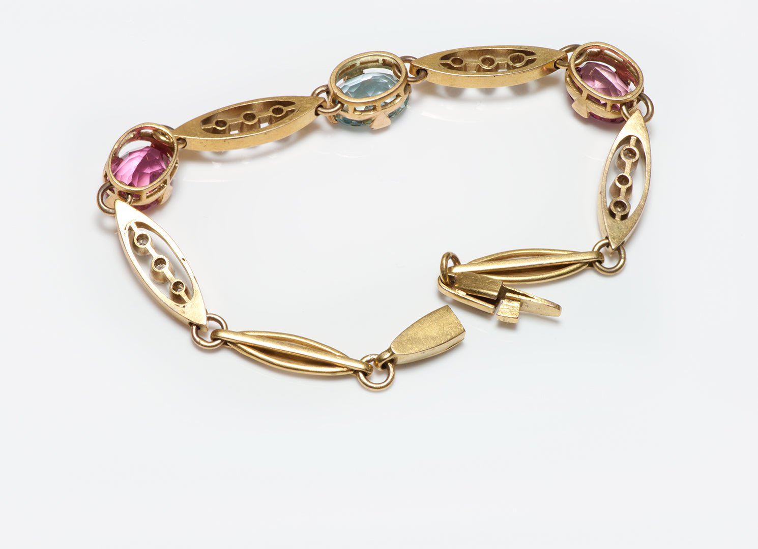 Antique Gold Pink Tourmaline Aquamarine & Diamond Bracelet