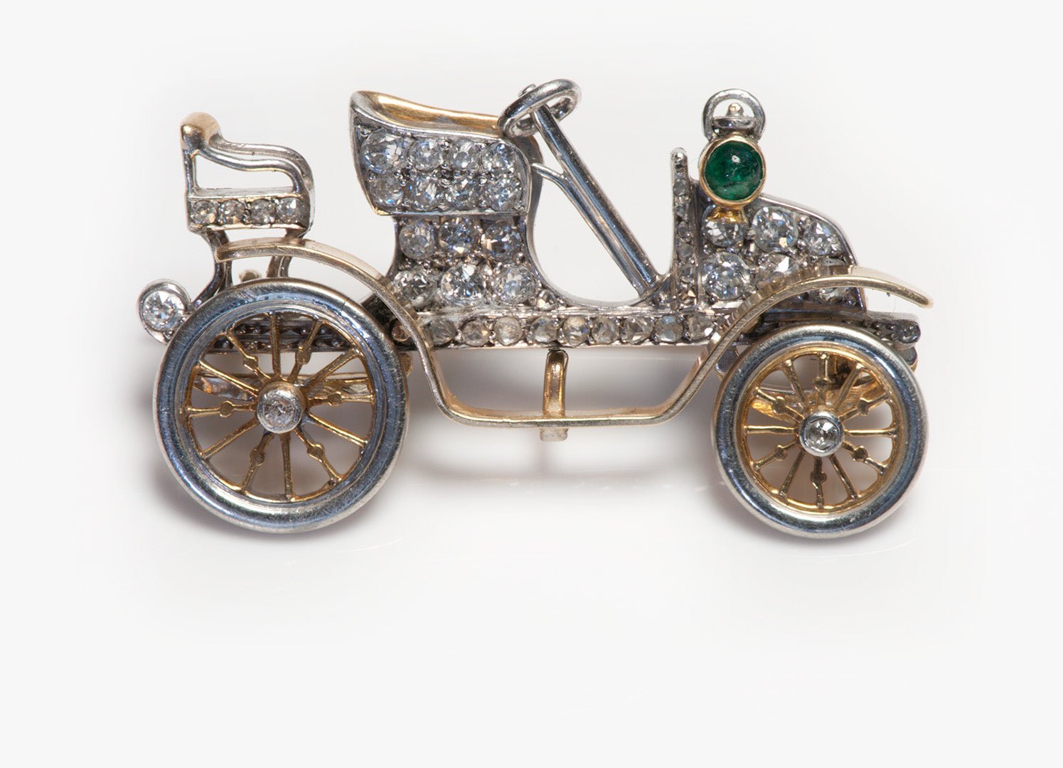 Antique Gold Platinum Diamond Emerald Car Brooch