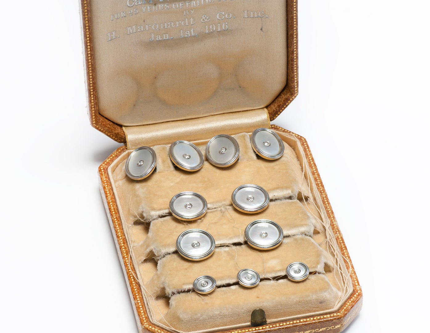 Antique Gold Platinum Mother of Pearl Diamond Cufflink 9 Piece Full Stud Set - DSF Antique Jewelry