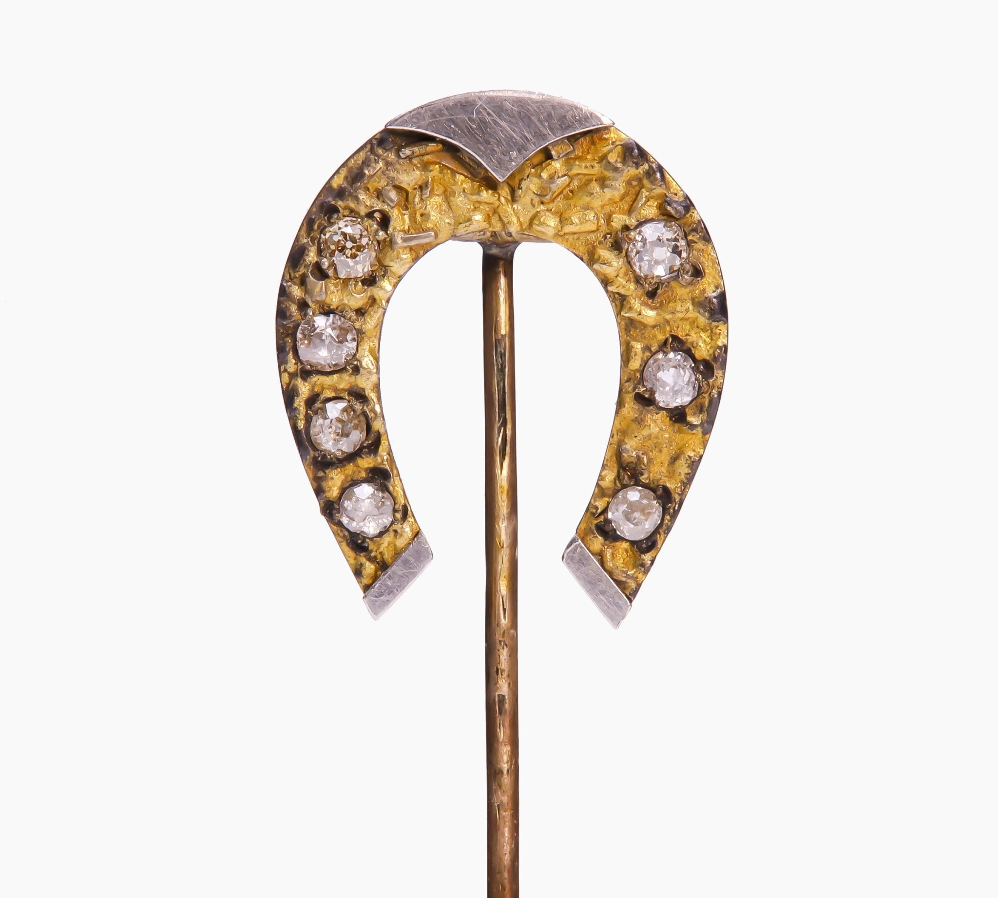 Antique Gold Platinum Old Mine Cut Diamond Horseshoe Stick Pin - DSF Antique Jewelry