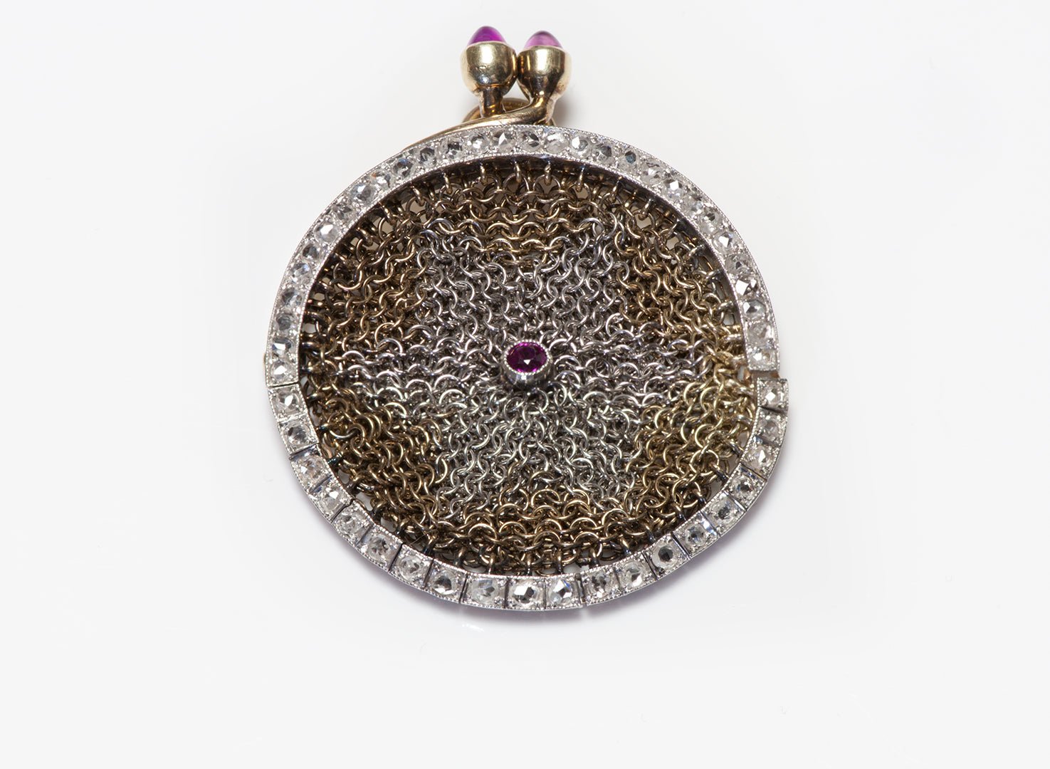 Antique Gold Platinum Rose Cut Diamond & Ruby Miniature Mesh Purse - DSF Antique Jewelry