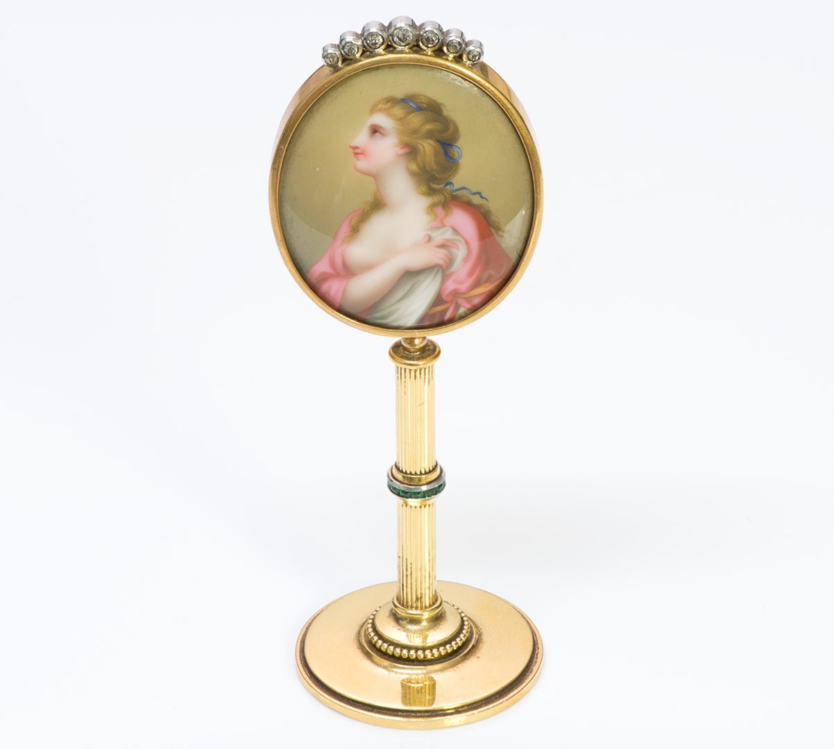 Antique Gold Portrait Porcelain Gem Set Miniature Vanity Standing Mirror