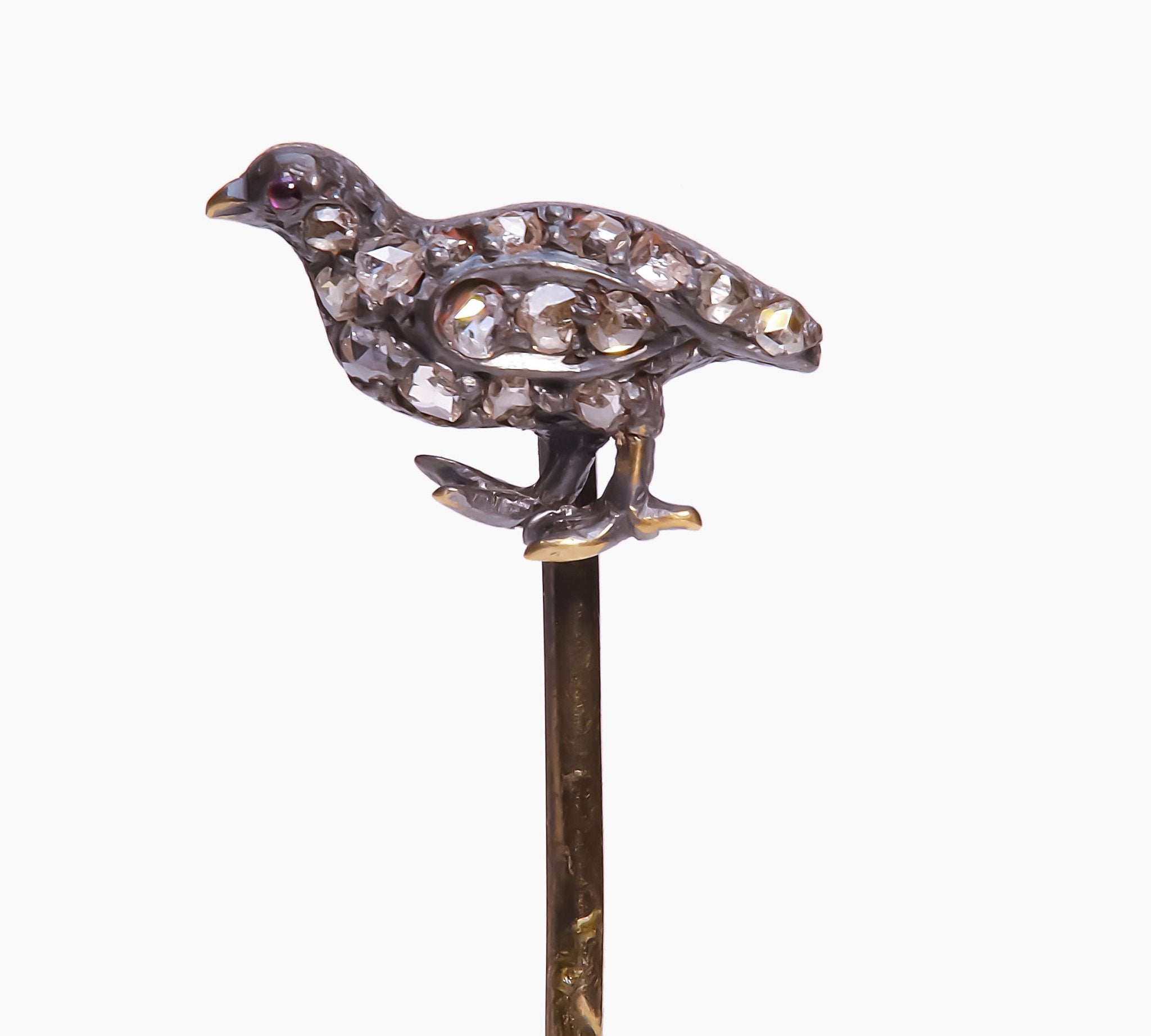 Antique Gold Rose Cut Diamond Partridge Bird Stick Pin