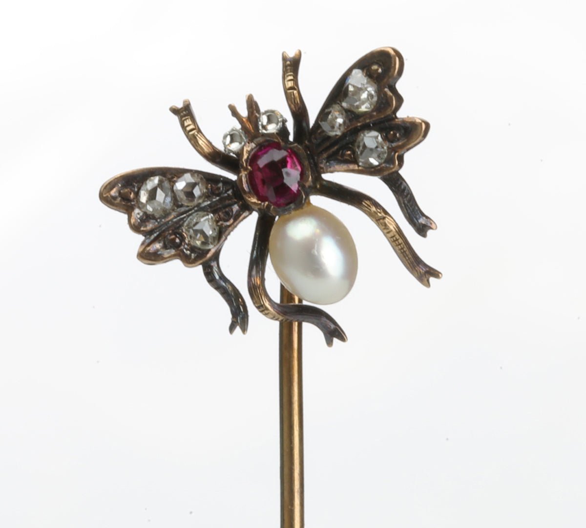Antique Gold Rose Cut Diamond Ruby Pearl Fly Stick Pin