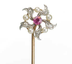 Antique Gold Ruby Diamond Pearl Flower Stick Pin