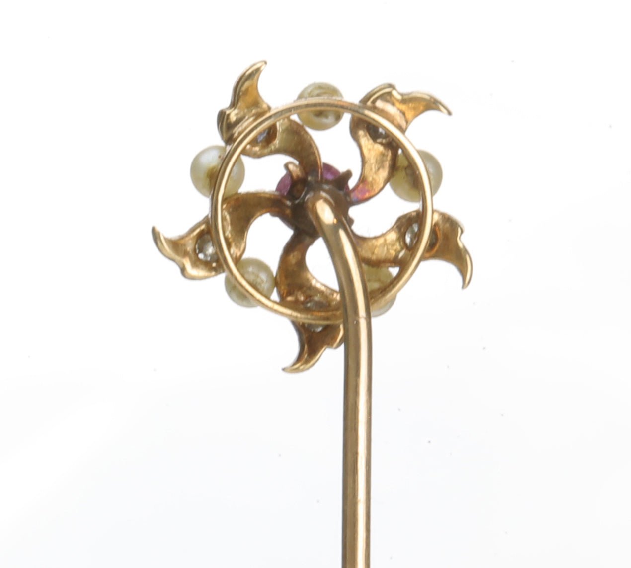 Antique Gold Ruby Diamond Pearl Flower Stick Pin