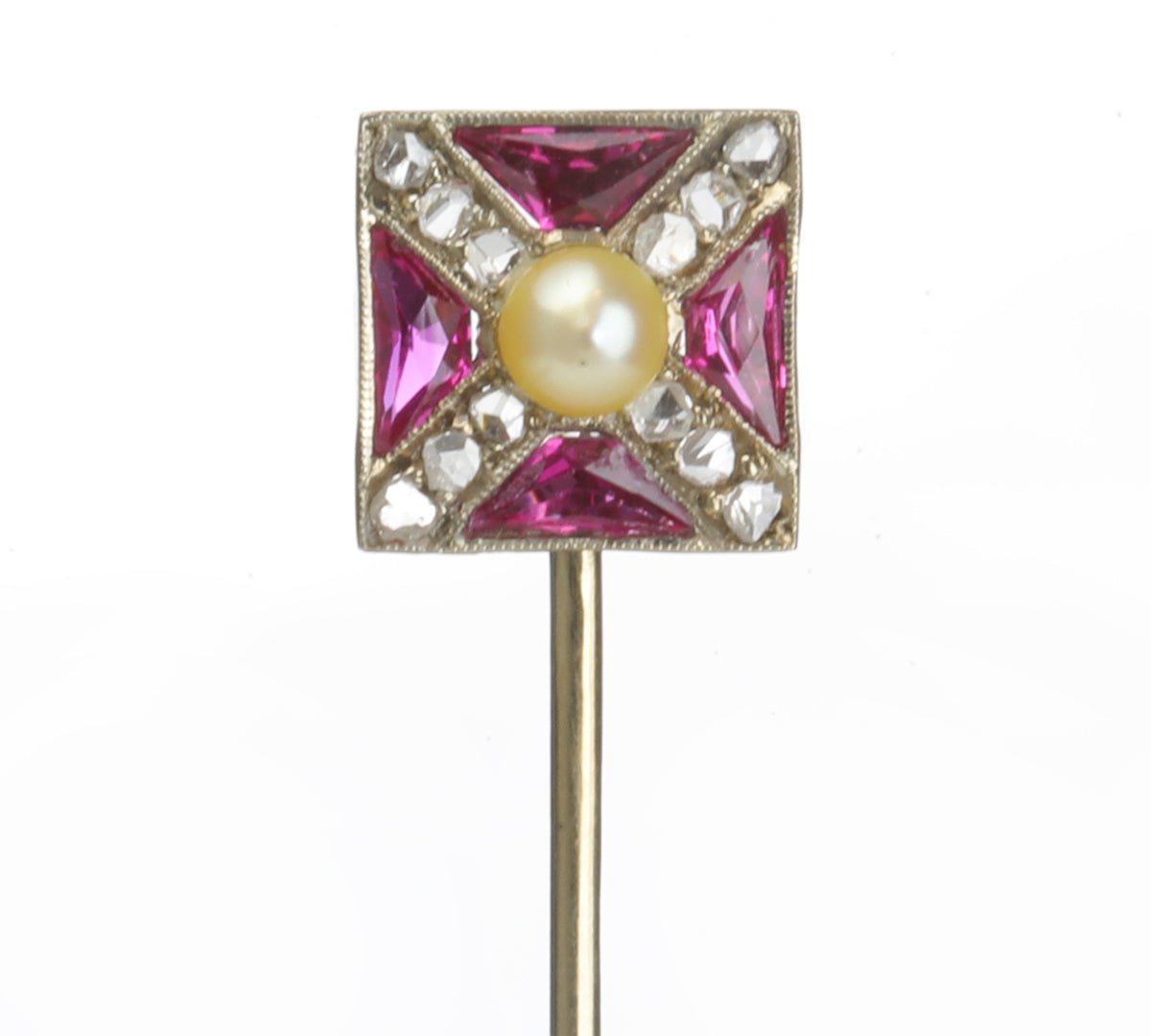 Antique Gold Ruby Diamond Pearl Stick Pin