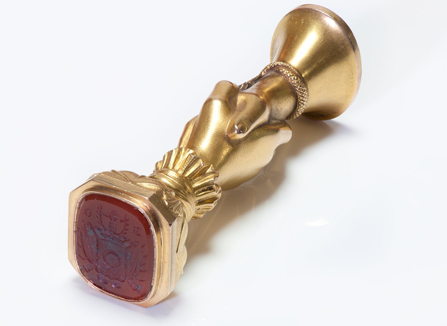 Antique Gold Ruby Emerald Lapis Carnelian Hand Crest Seal - DSF Antique Jewelry