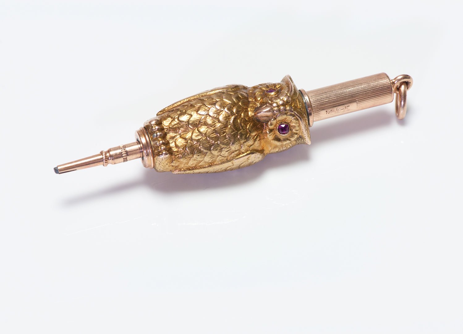 Antique Gold & Ruby Owl Fob Pencil - DSF Antique Jewelry