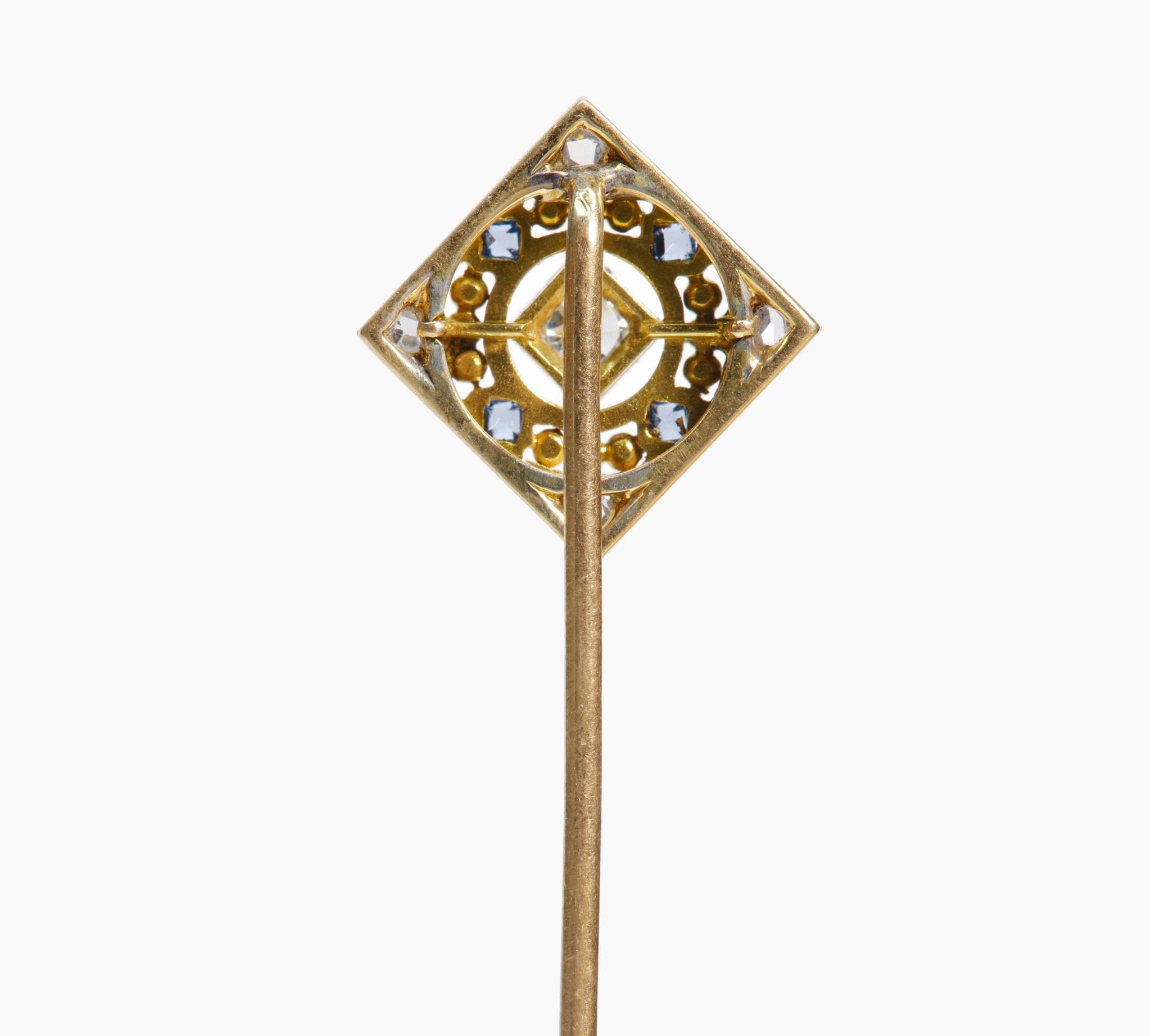 Antique Gold Sapphire Diamond Square Circle Stick Pin