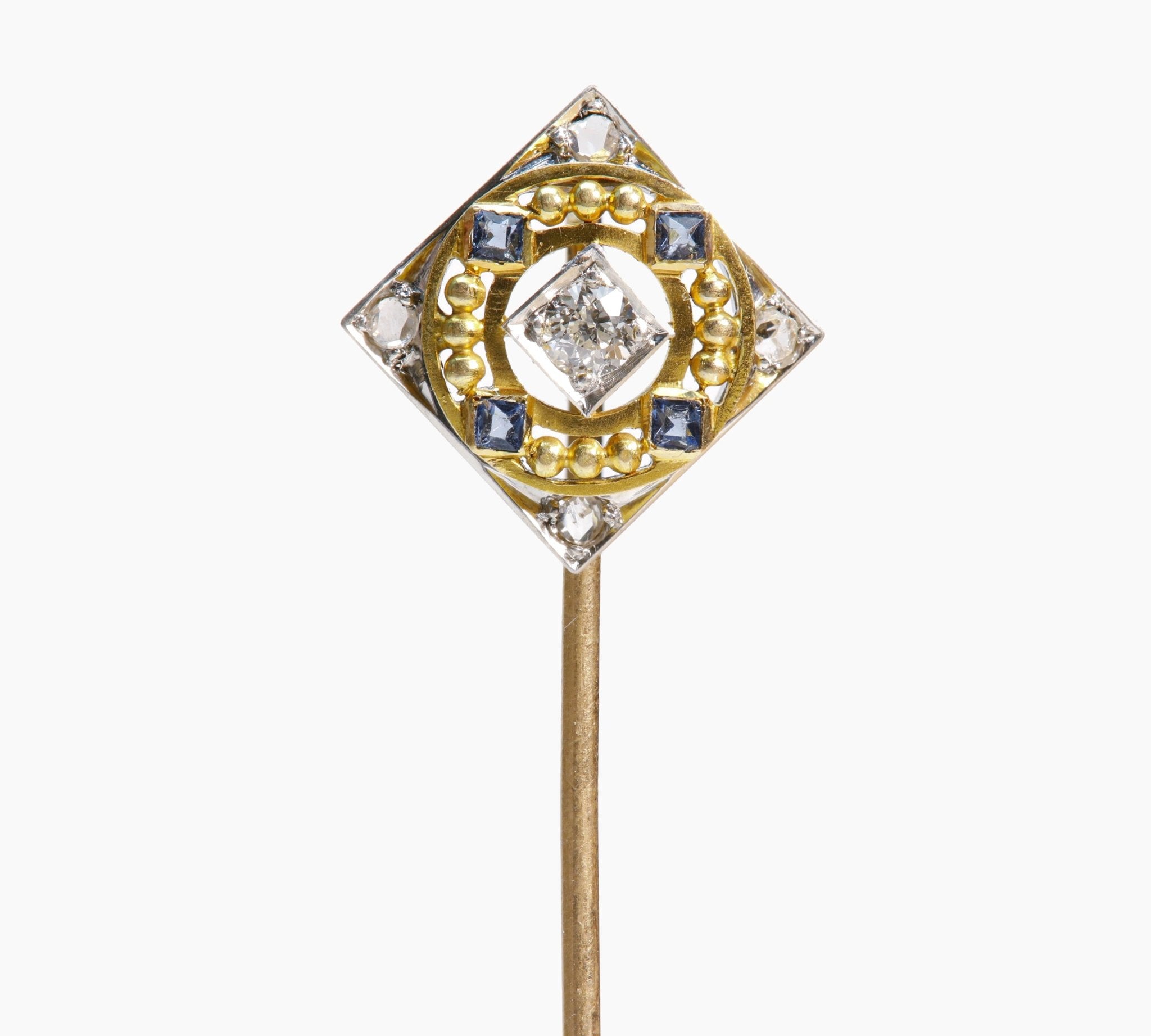 Antique Gold Sapphire Diamond Square Circle Stick Pin - DSF Antique Jewelry