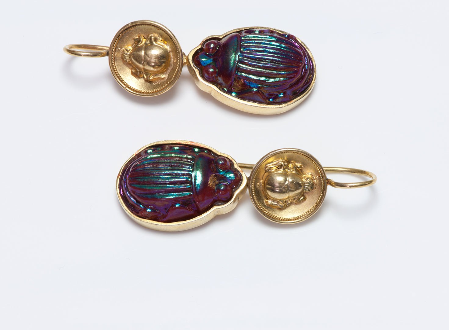 Antique Gold Scarab Earrings with Tiffany Glass Scarabs