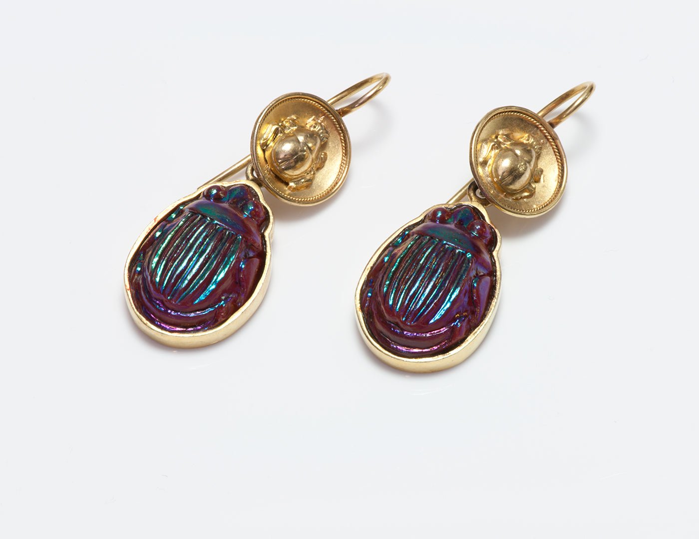 Antique Gold Scarab Earrings with Tiffany Glass Scarabs