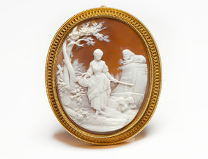 Antique Gold Shell Lady Lion Cameo Pendant Brooch