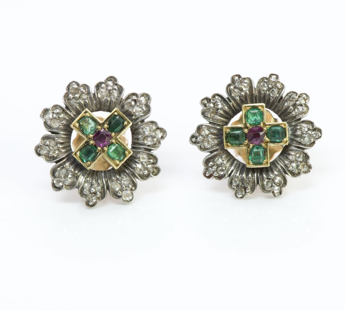 Antique Gold & Silver Emerald Diamond Ruby Earrings - DSF Antique Jewelry