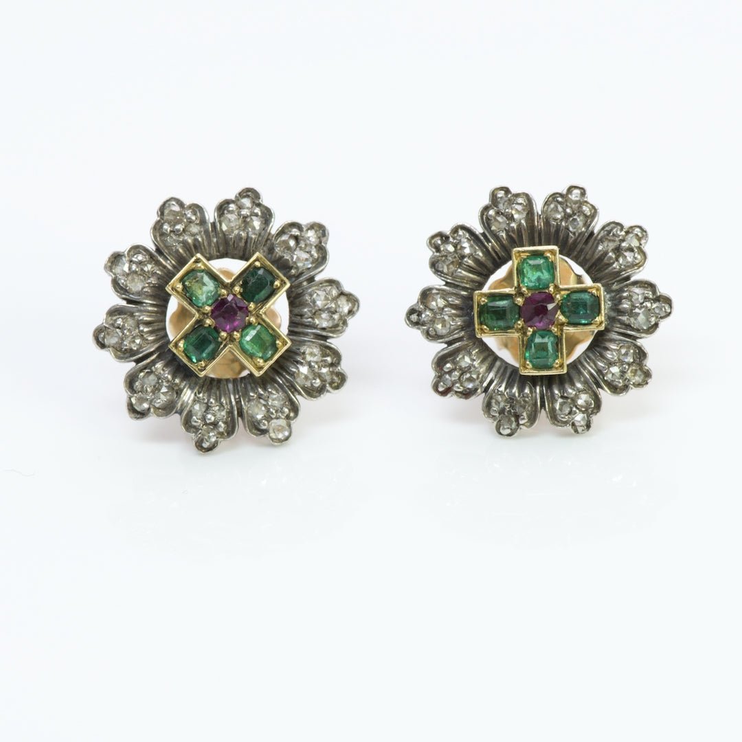 Antique Gold & Silver Emerald Diamond Ruby Earrings