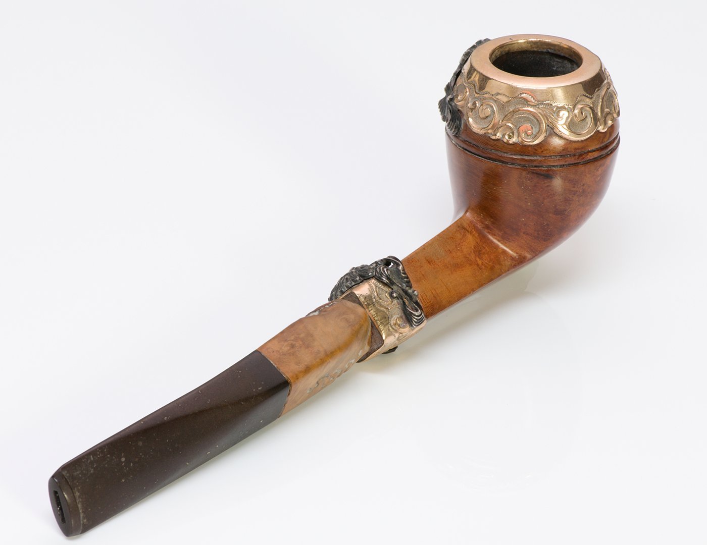 Antique Gold Silver Walnut Wood Tobacco Smoking Pipe