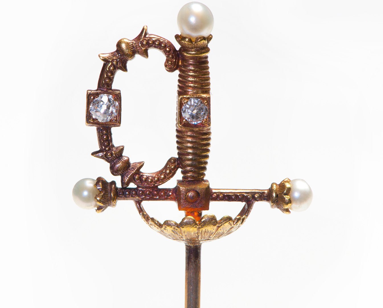 Antique Gold Sword Diamond Pearl Stick Pin