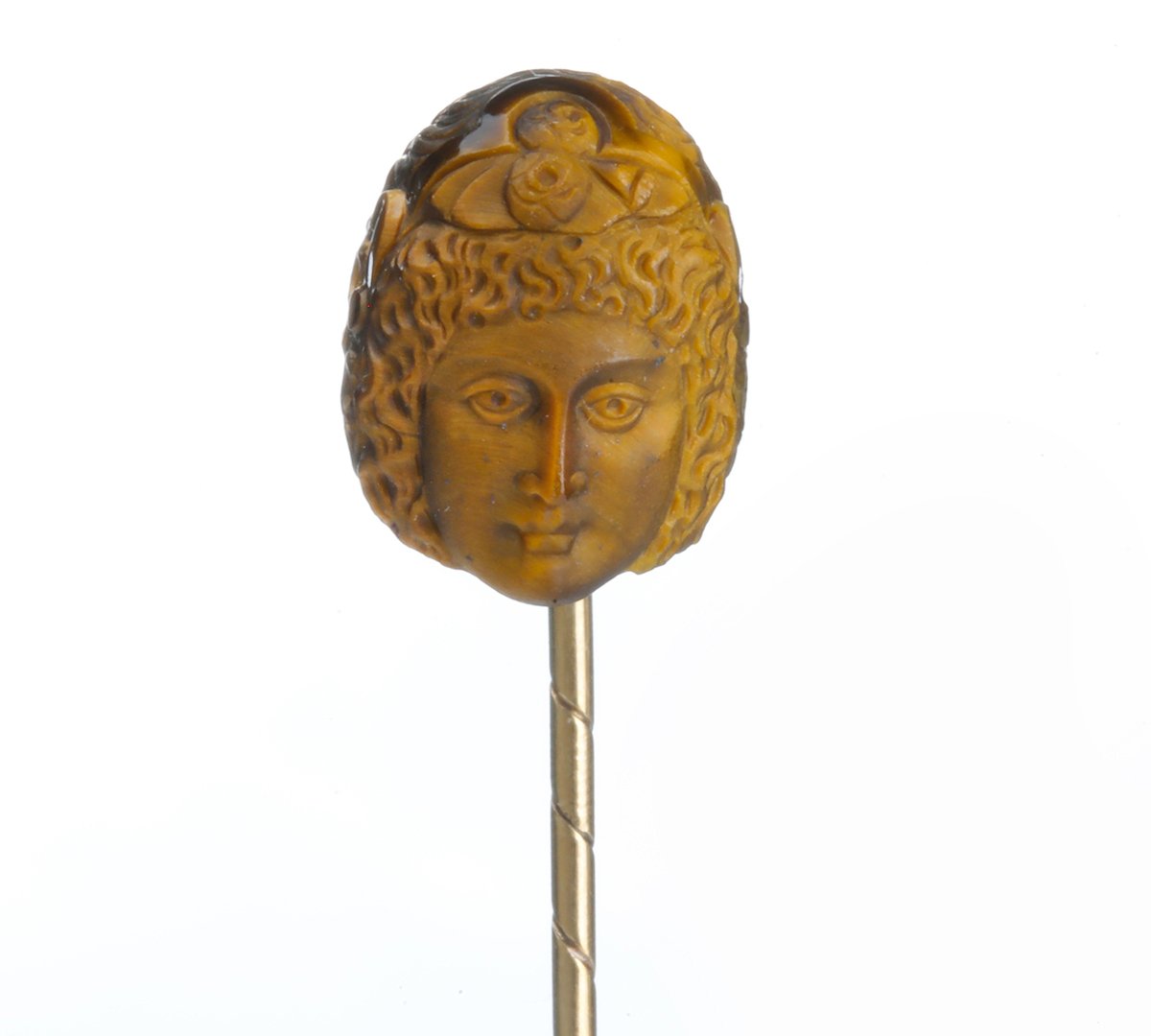 Antique Gold Tiger Eye Carved Face Stick Pin