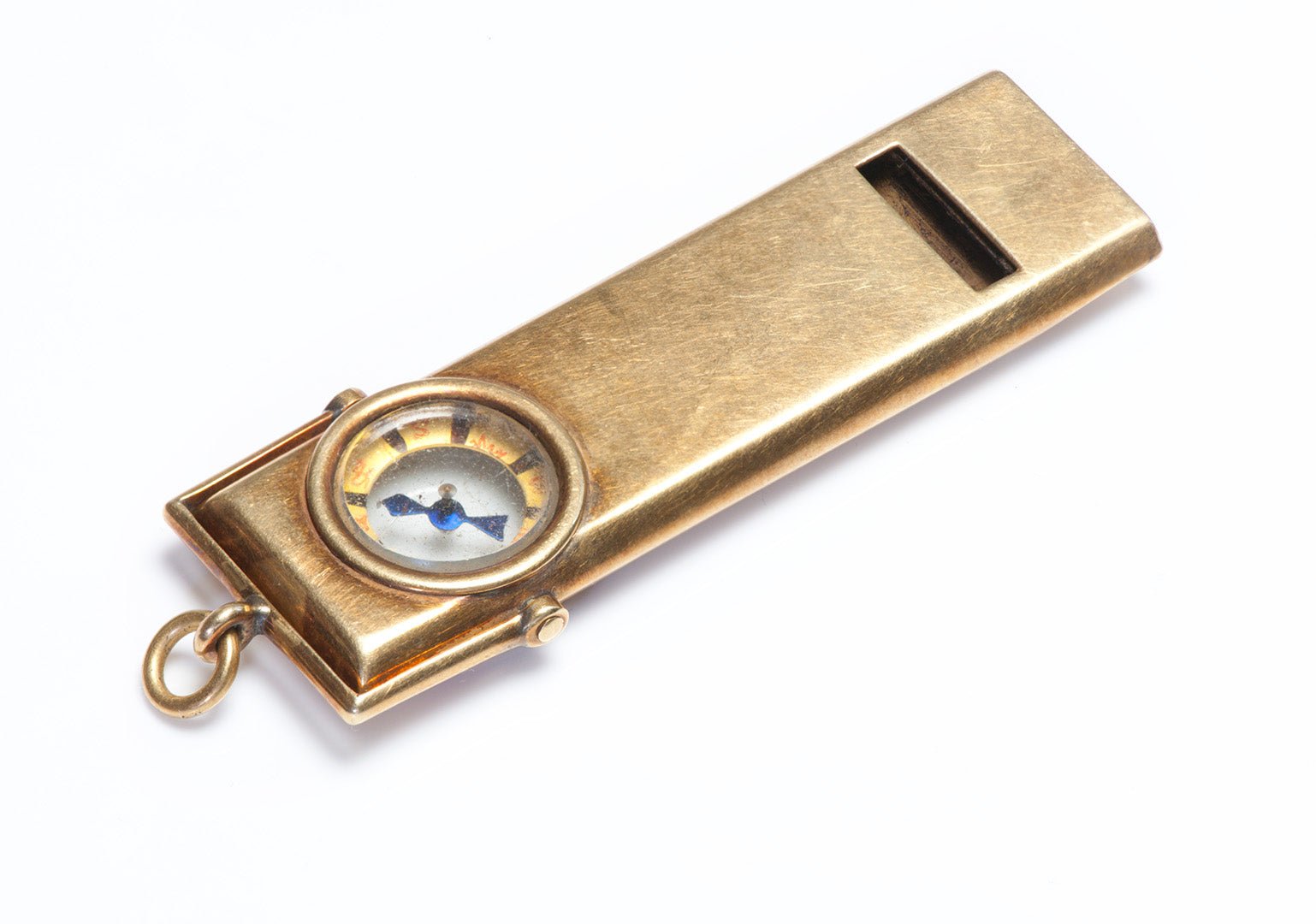 Antique Gold Whistle with Compass Pendant Fob