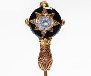 Antique Gold White Sapphire Stone Onyx Claw Stick Pin